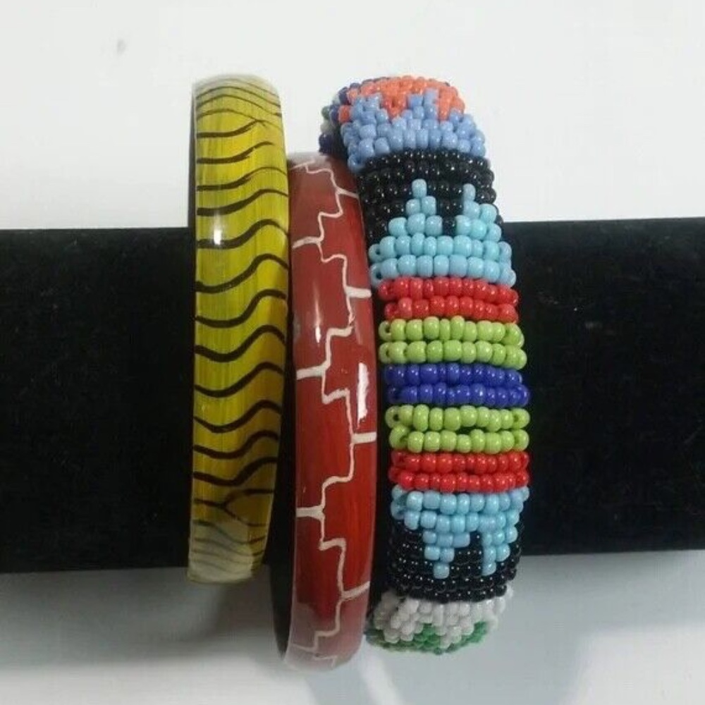 BUNDLE: African Patterned Beaded Painted Bangle Bracelet Trios (Multiple Colors)